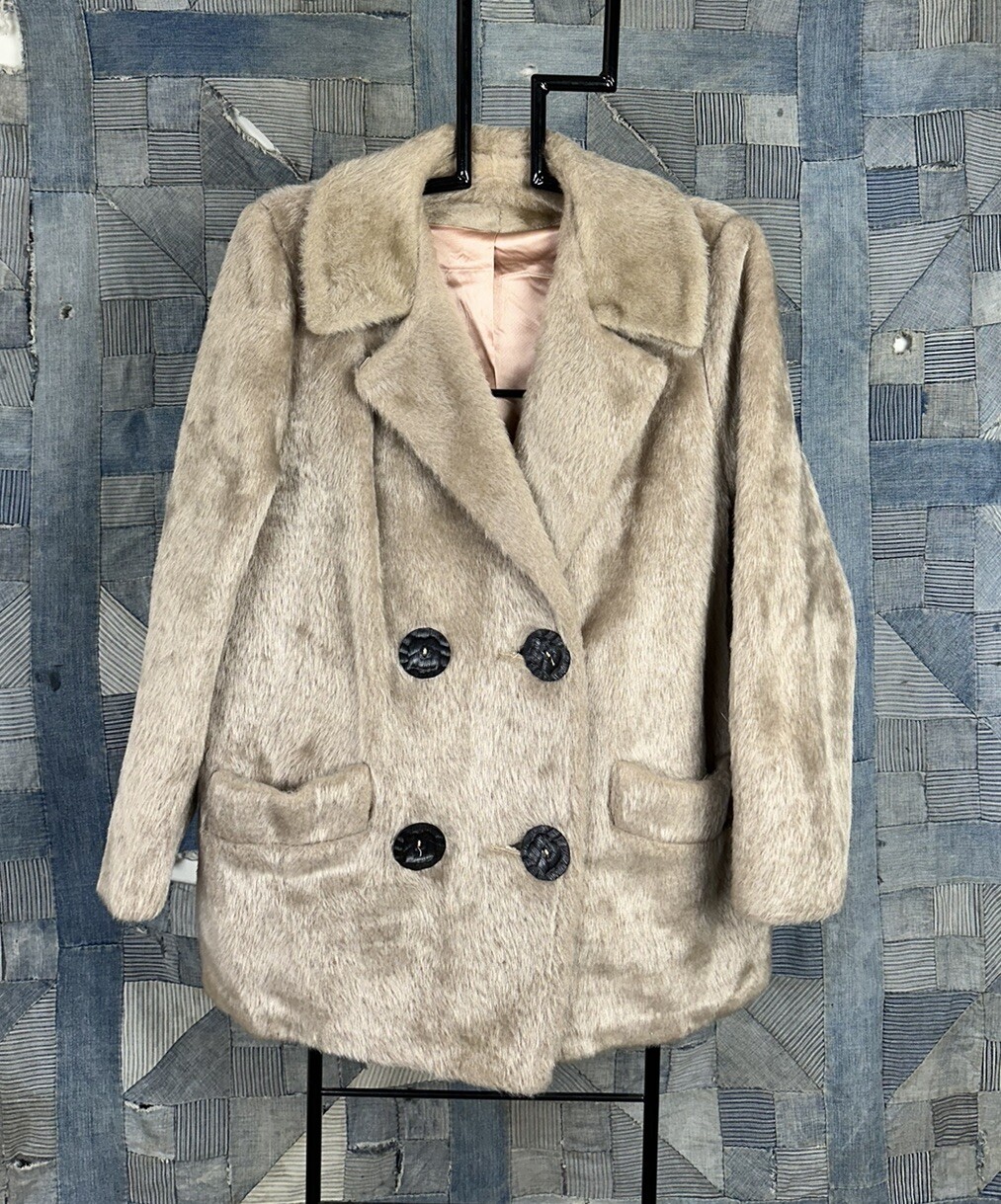 60s VINTAGE Faux Fur Pea Coat Wood Buttons Size Small Gorgeous