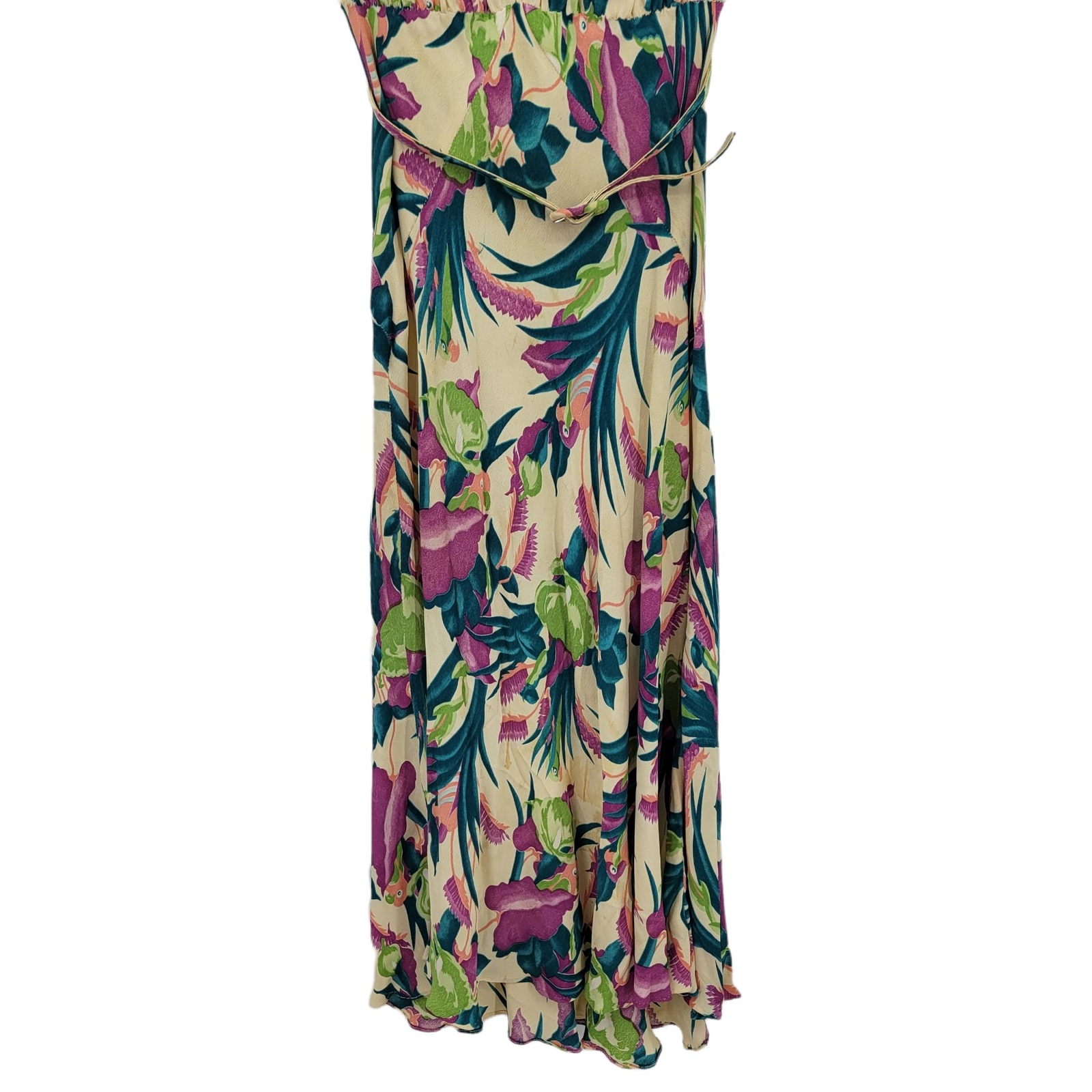 Vintage 70’s Women’s Dress XXS Peter Pan Belted Midi Tropical Love Bird Parrot