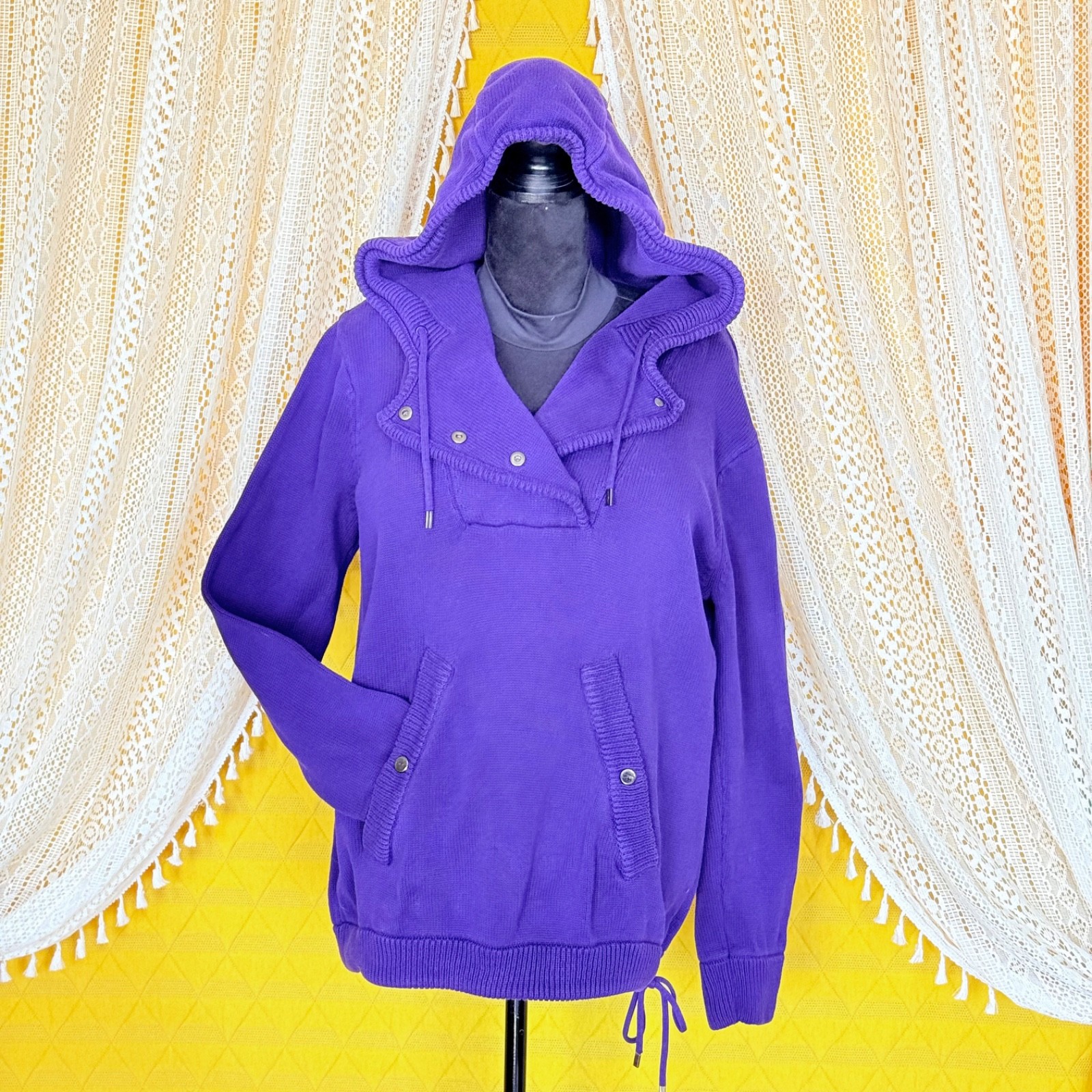 VTG Preppy Old Money LRL Ralph Lauren Hooded Knit Sweater Purple 100% Cotton XL