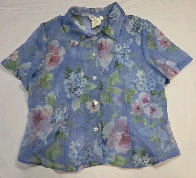 Miss Dorby Vtg Size 14 Floral Crinkle Button Up Fly Away Blouse Periwinkle Fairy