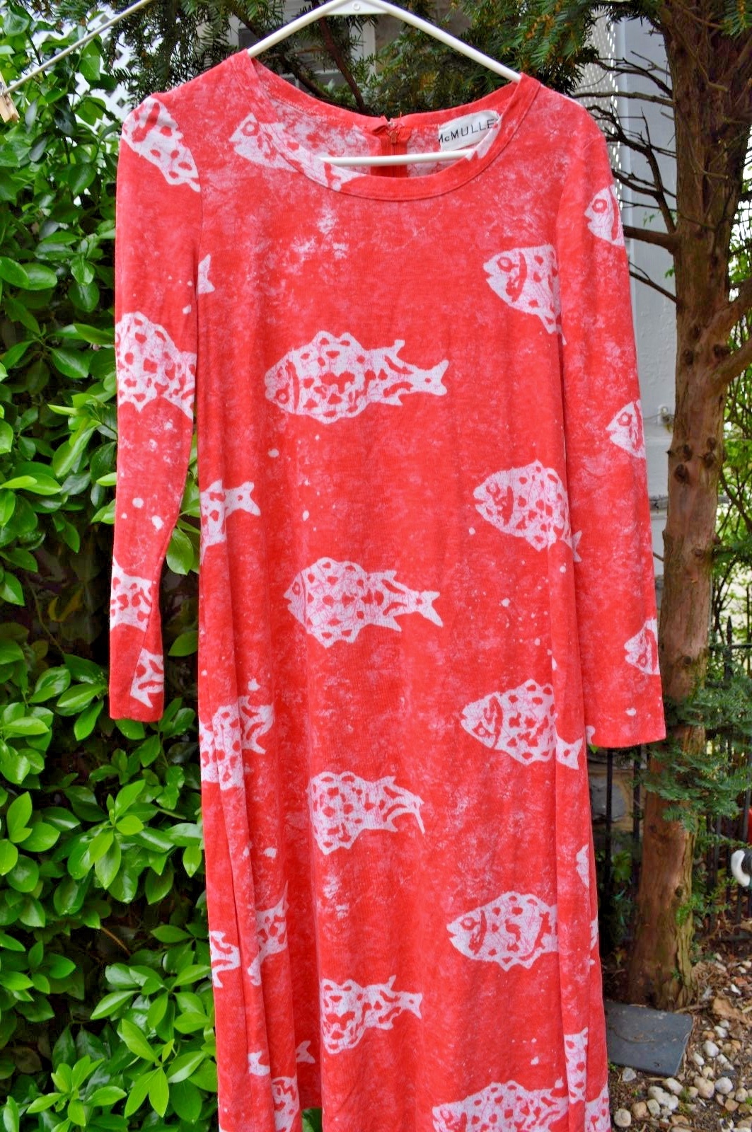 Vintage McMullen Dress Cotton Batik Fish Print Long Sleeve Zipper Back
