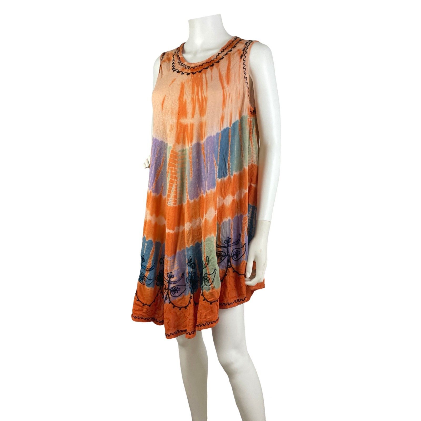 Vintage 90s Dress Tie Dye Embroidery Asymmetrical Boho Free One Size Peasant