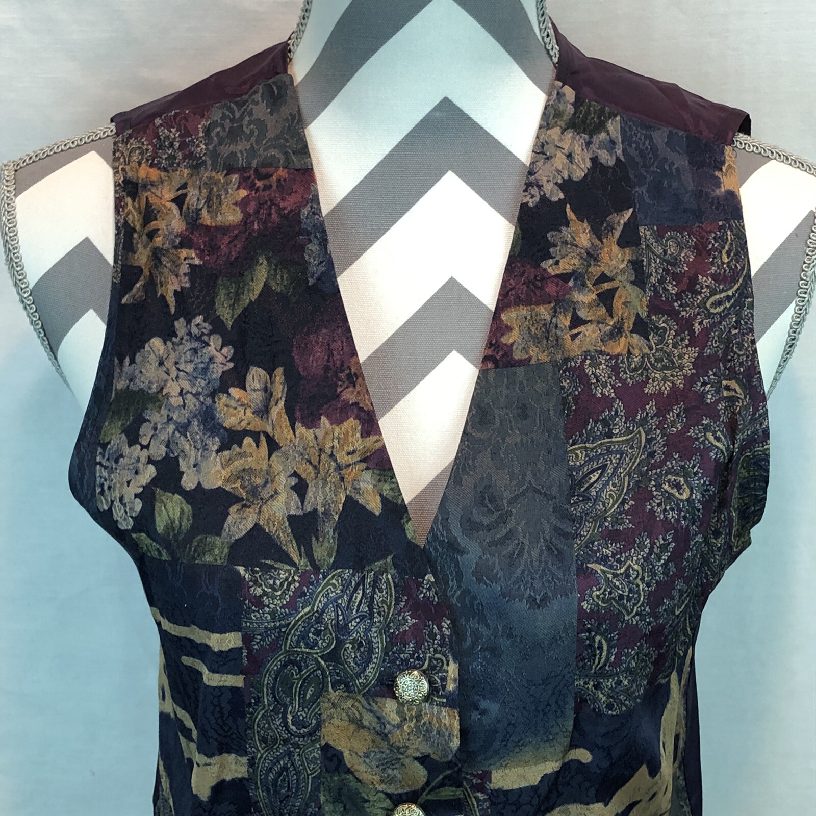 Anxiety Vintage Floral Patch Metal Button Front Vest USA 2336-824 Small ZZZ17