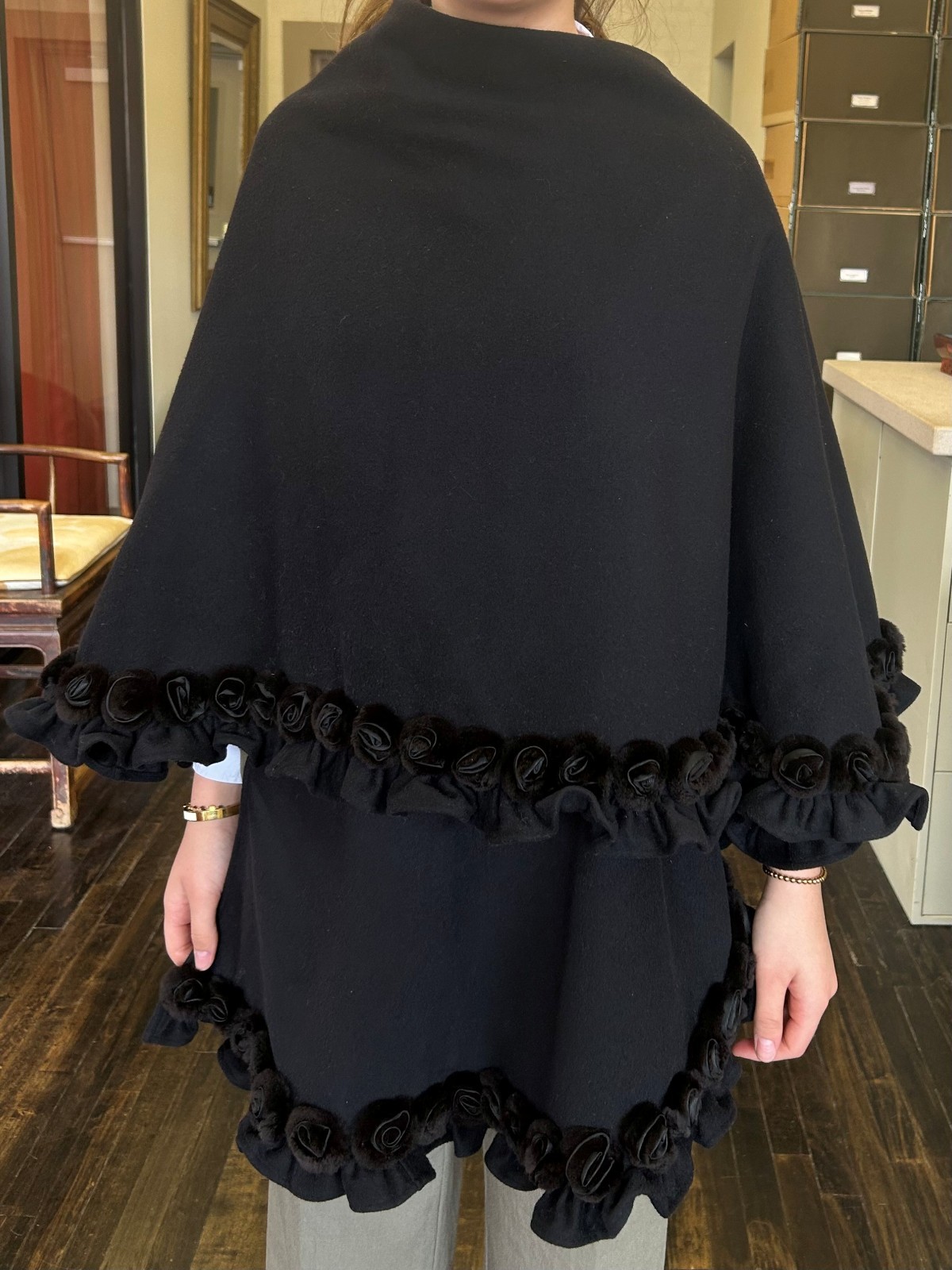 Vintage 1980’s Black Wool Cape Poncho Mink Fur Rosette Trim