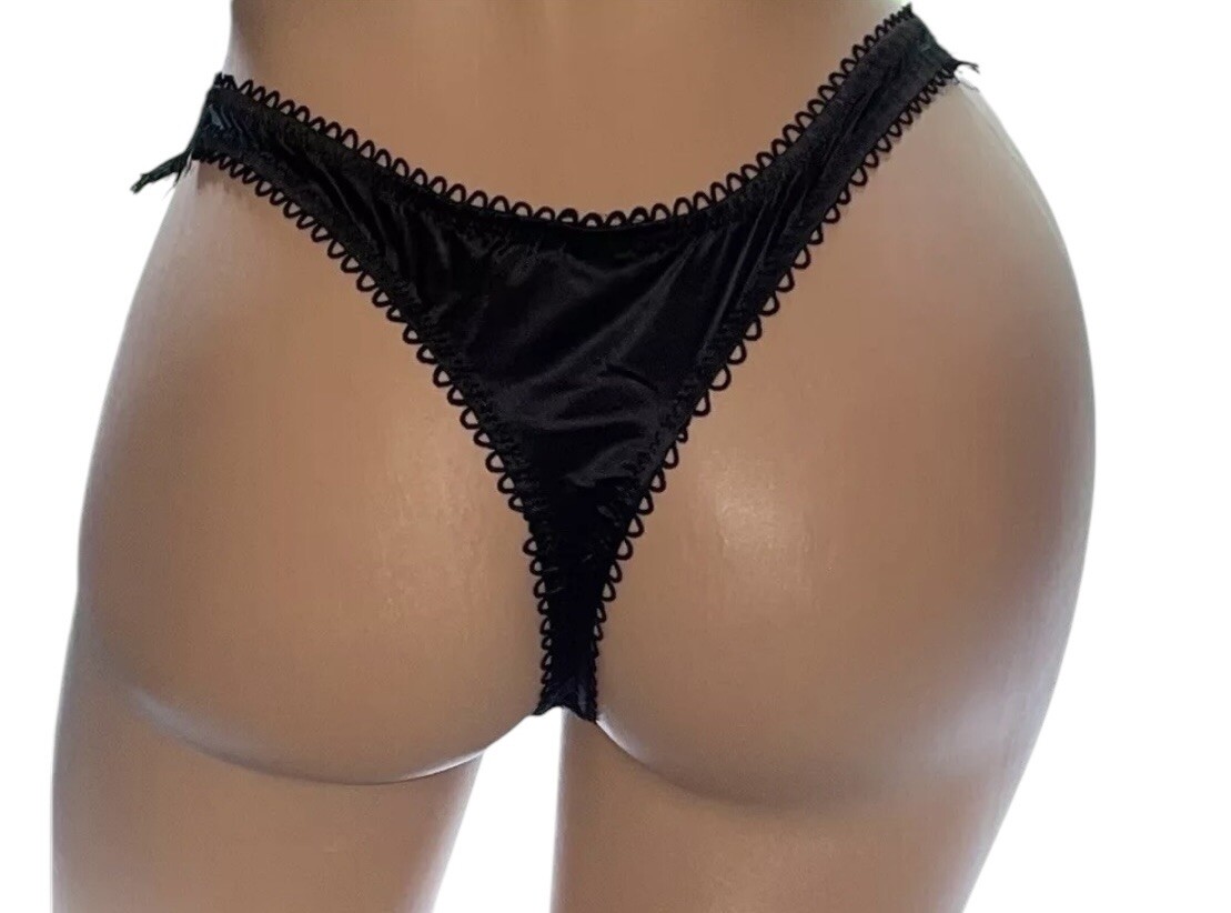 Lot of 3 Black Shiny Satin Glossy Lace Fringe Thong Panties Womens L New