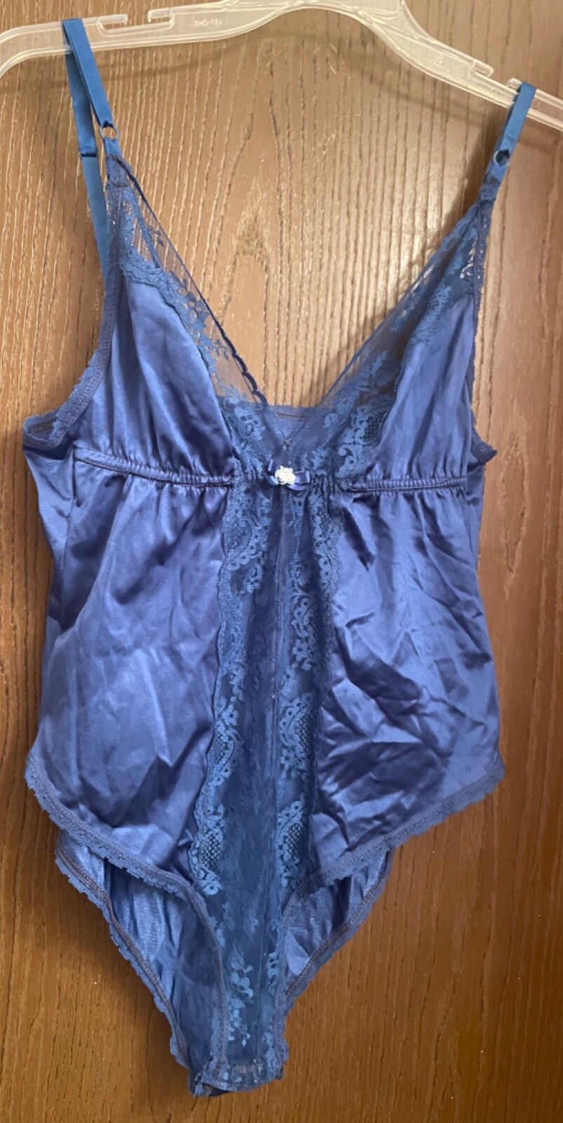 Vtg Impulse Brand Blue Antron Nylon W/Lace Accent Lingerie Teddy Sz-L