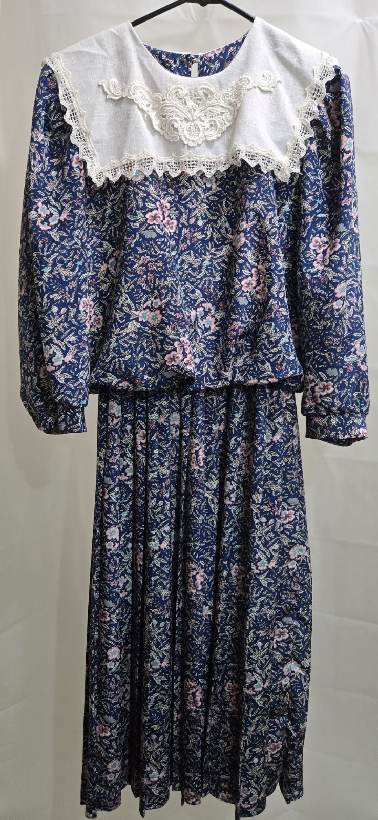 Womens Vintage Lisa II Blue Floral Pleated Dress W Collar 3/4 Sleeves 10