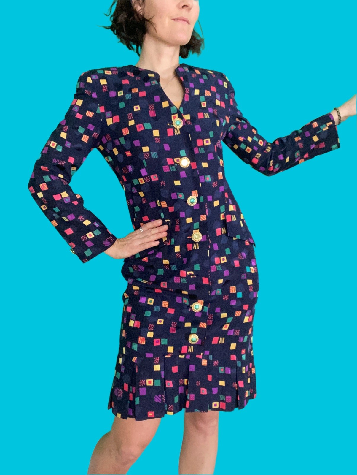 Vintage 80a Adele Simpson Saks Fifth Avenue Navy Multicolor Silk Pleat Dress