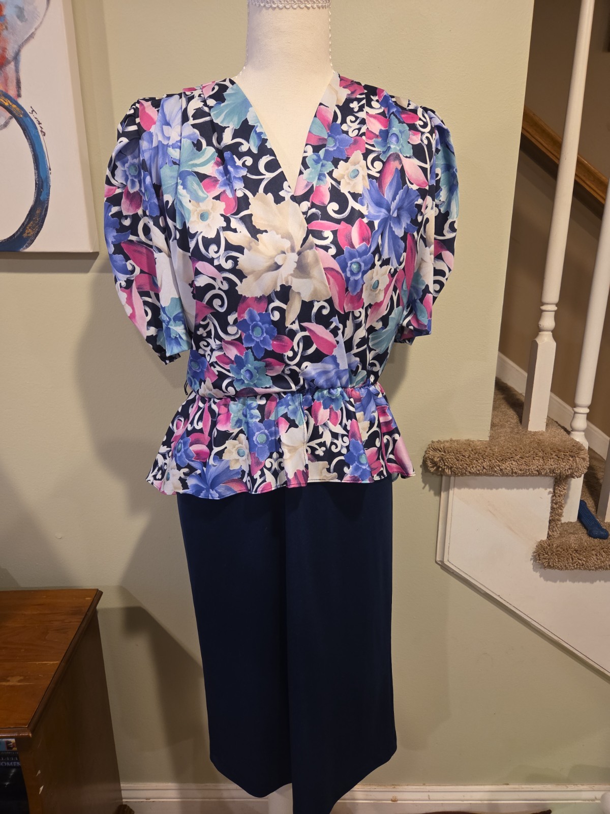 Jenny Petites Vintage floral Pop art Dress Blue Floral Puss Sleeve Pencil Skirt