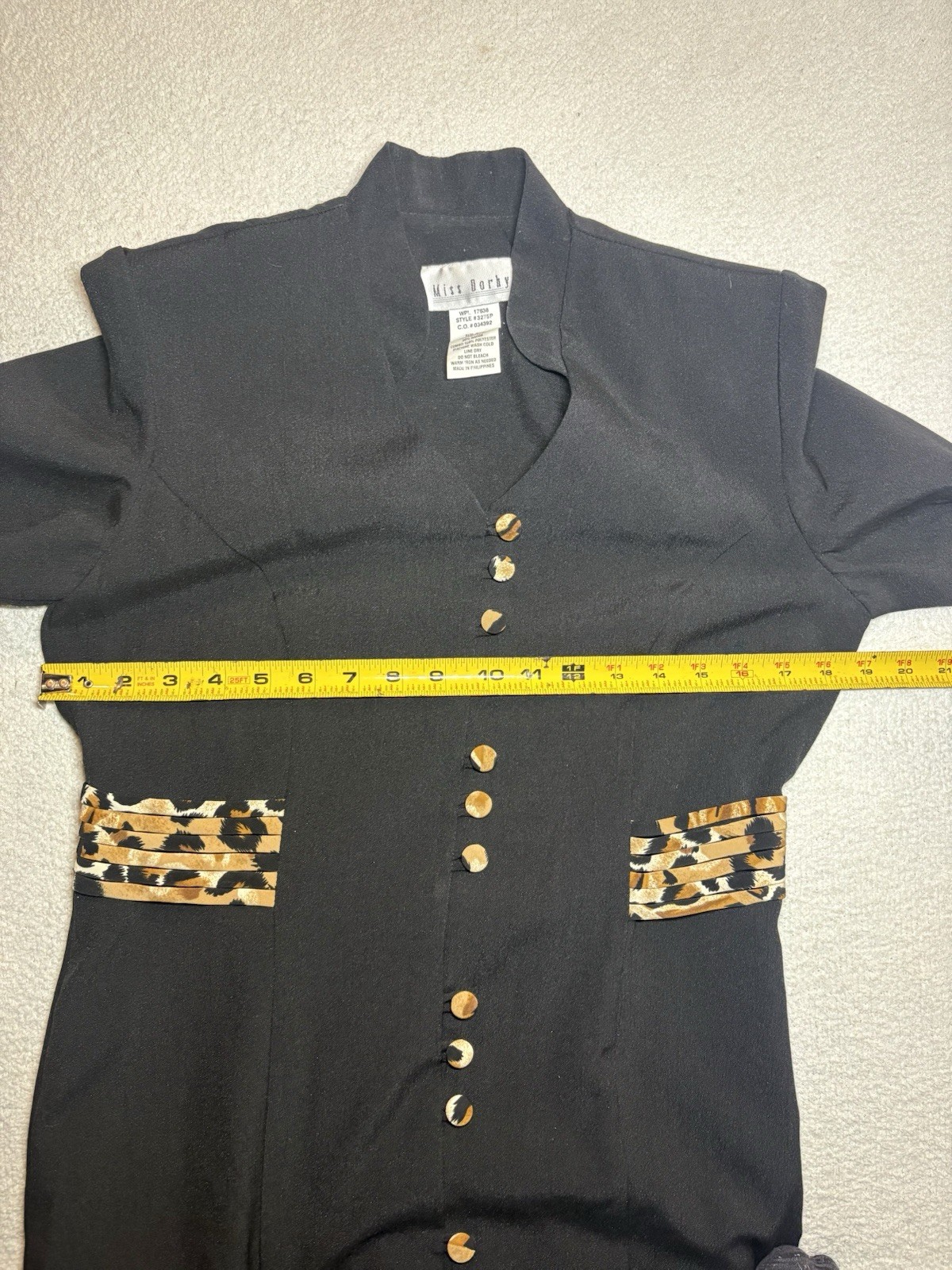 90s Button Front Black Dress with Leopard Print Accents Size 8 Miss Dorby