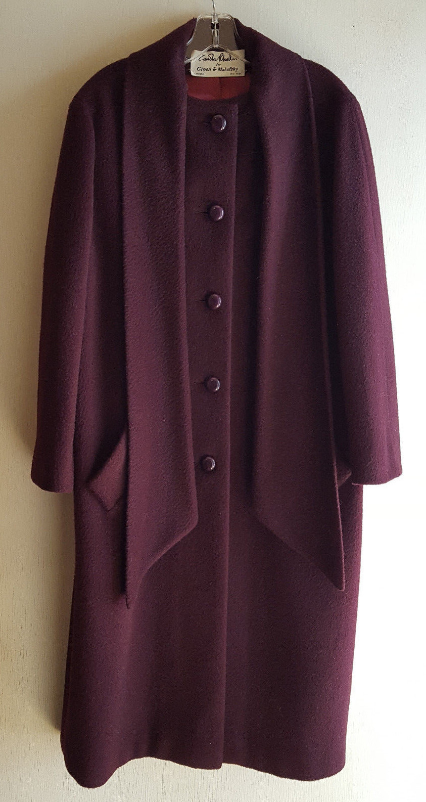 Zandra Rhodes Designer Ladies 100% Wool Coat, Vintage 1980s, Deep Burgandy Color