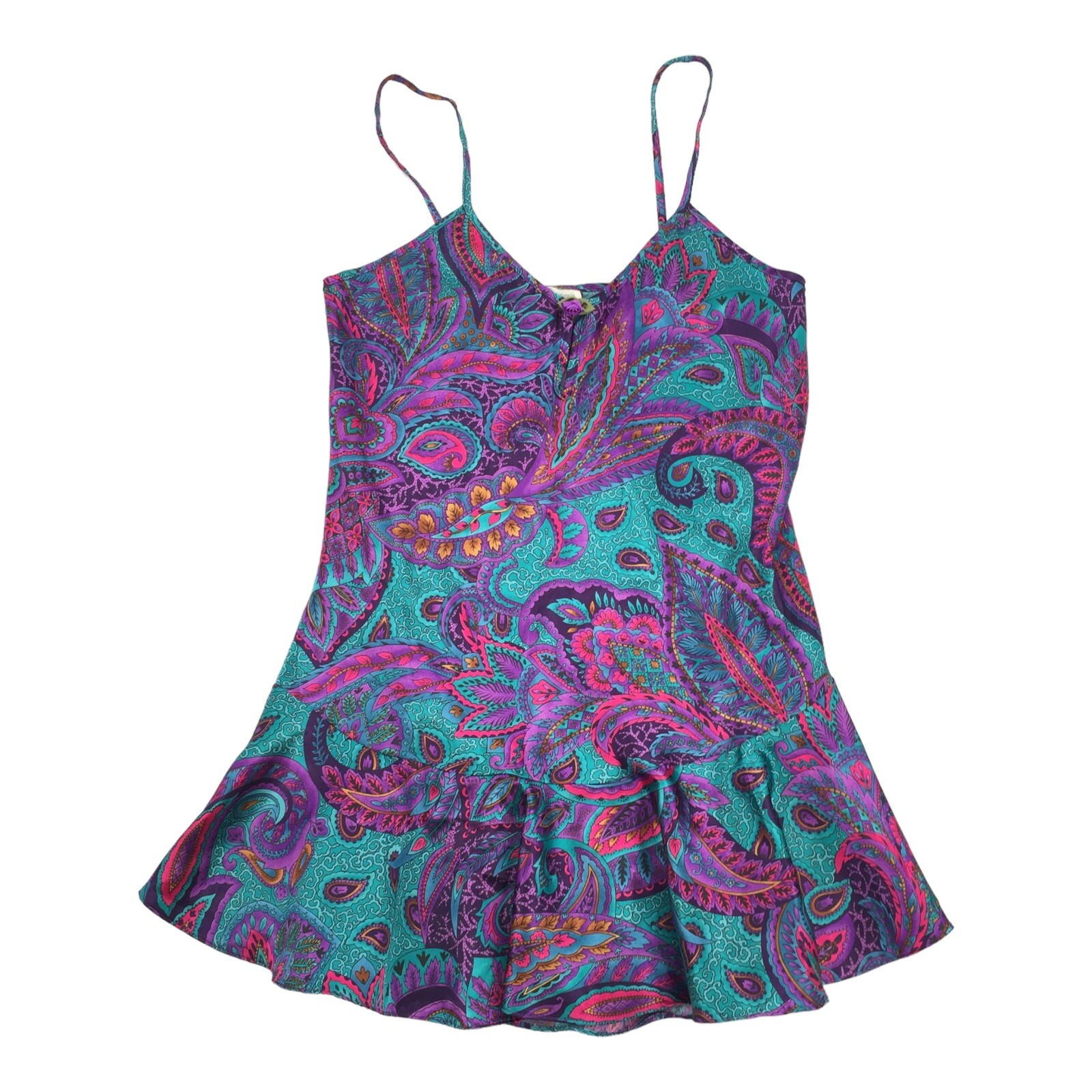 Vintage 80s California Miss Paisley Print Lingerie Dress Small Teal Purple Satin