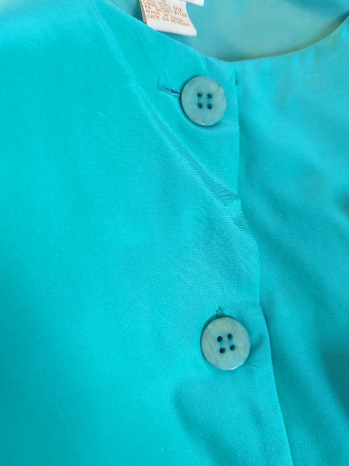 Vintage 80’s Silk Dress Size 12 Turquoise Lg Sleeve Button Up Wedding Guest Chic