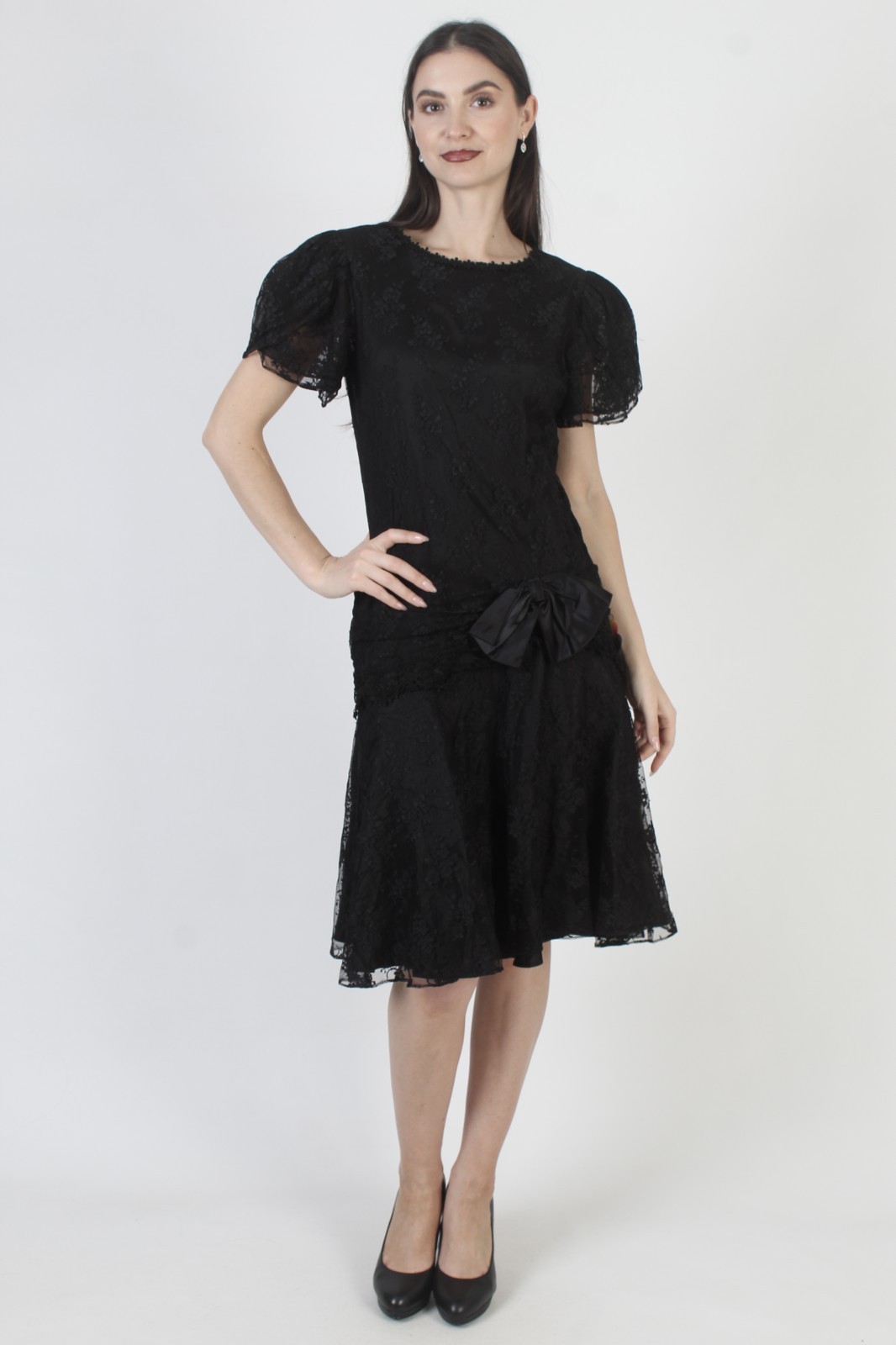 Vtg 80s Barbara Chodos Deco Dress Michael Marcelle Goth Lace Flapper Gown 8