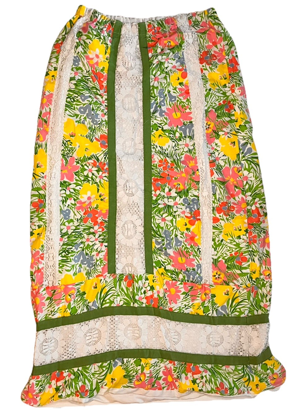 Vintage 70s MR HANK Pink & Green Floral Patchwork Skirt Eyelet Cottagecore L/XL