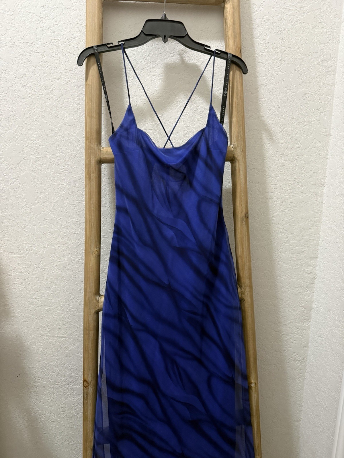 Vintage Y2K Niki Livas Tiger Mesh Maxi Dress Blue Slit Lace Up Back Size 10