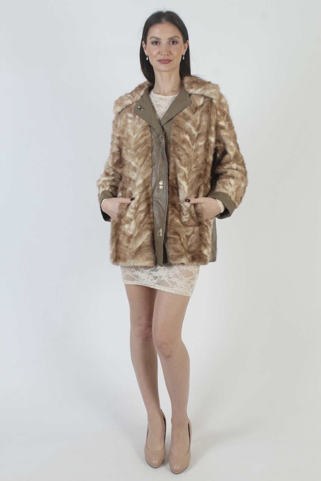 Vintage Patchwork Brown Leather Jacket Autumn Haze Blonde Real Mink Fur Sky Coat