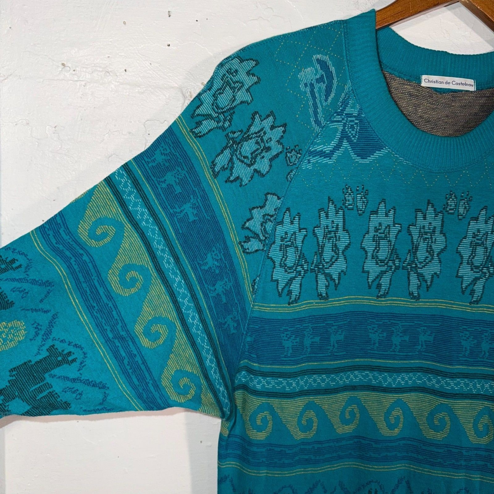 Vintage Christian de Castelnau Teal Cotton Maxi Sweatshirt Dress M Folk USA