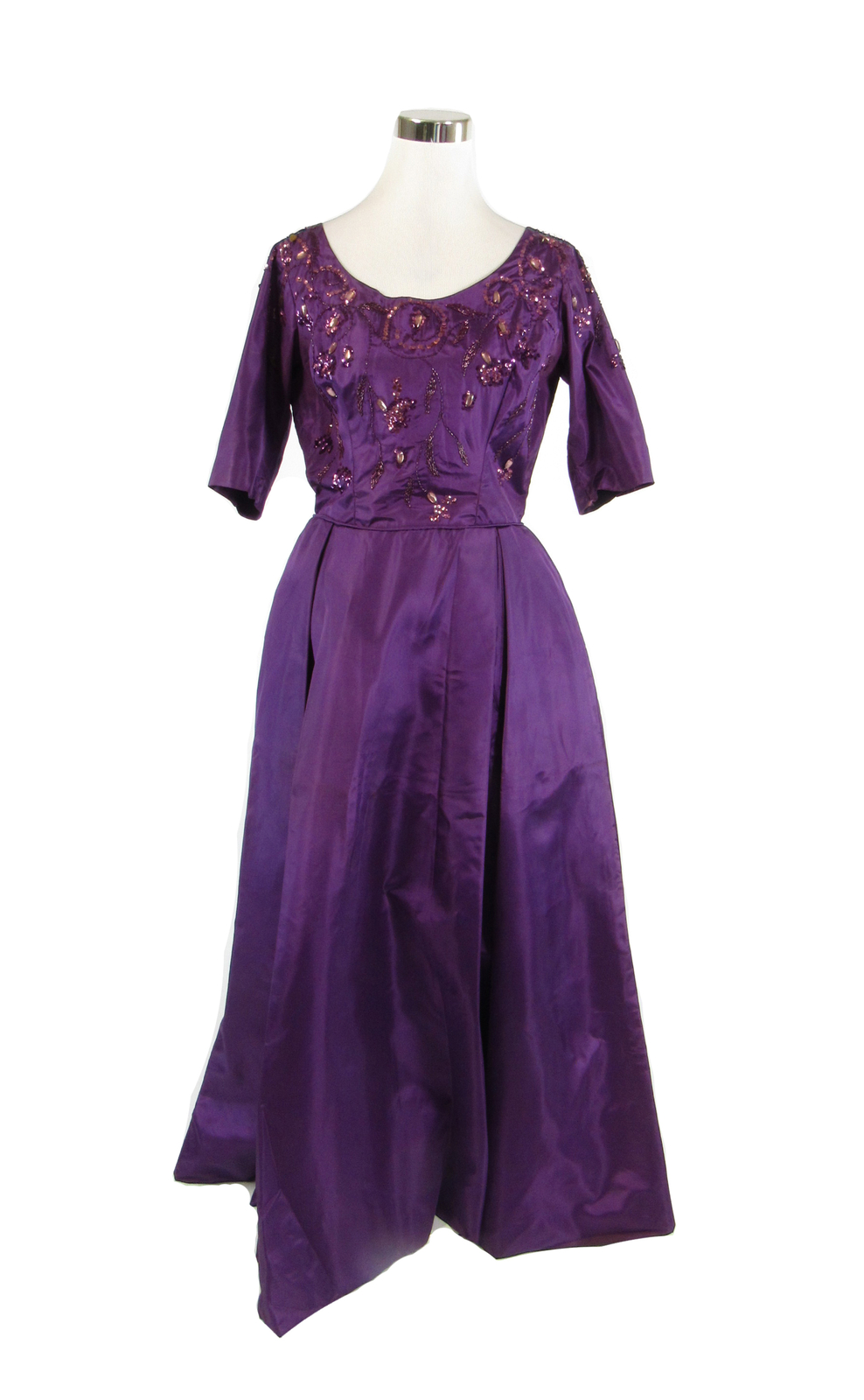 Purple silk 1/2 sleeve sequin trim beaded ball gown vintage dress S