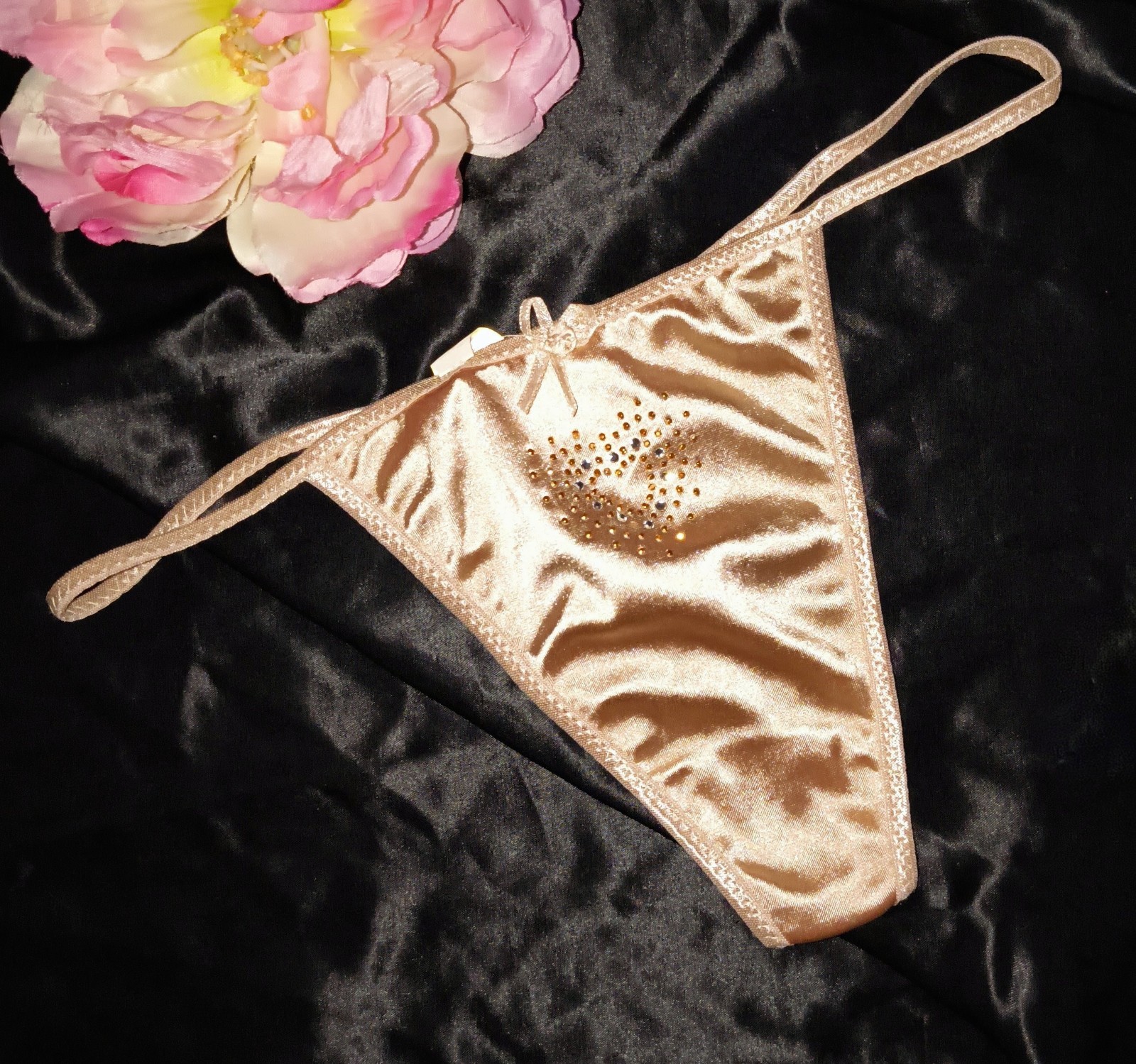Vintage Coco Secret Second Skin Satin G-String Thong Panties Rhinestone 🤎 M/6