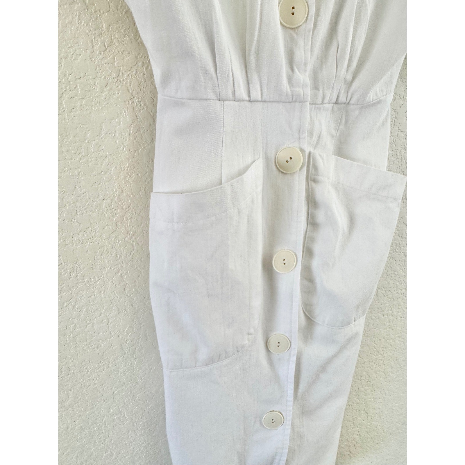 Vintage Linen Midi Dress Womens S White Mesh Embroidered Leaf Button Front