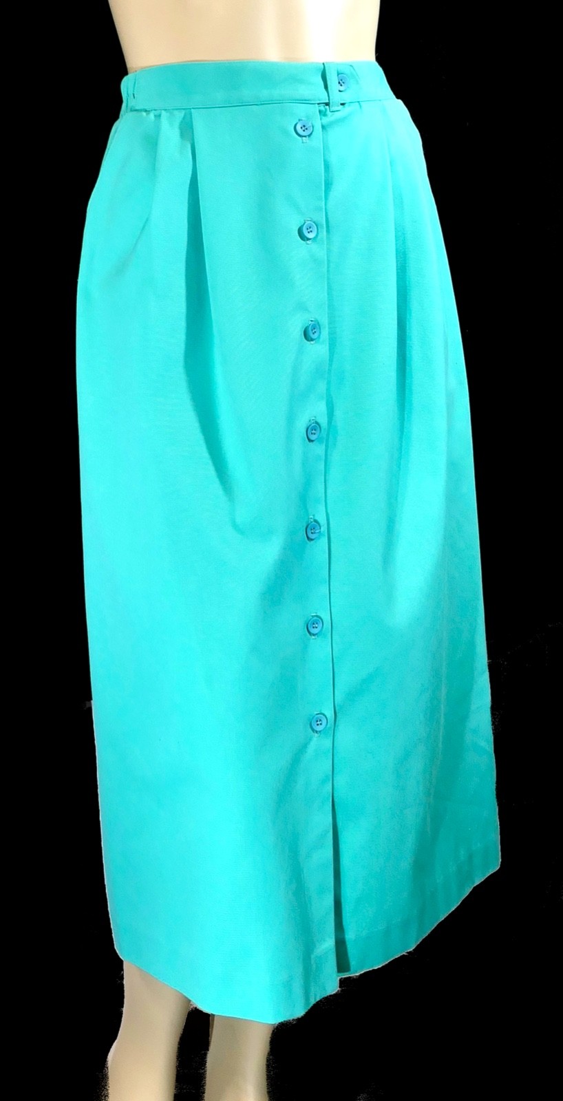 Retro Vintage Early 80s Koret Francisca Button Up Midi Skirt Aqua Teal Grunge L