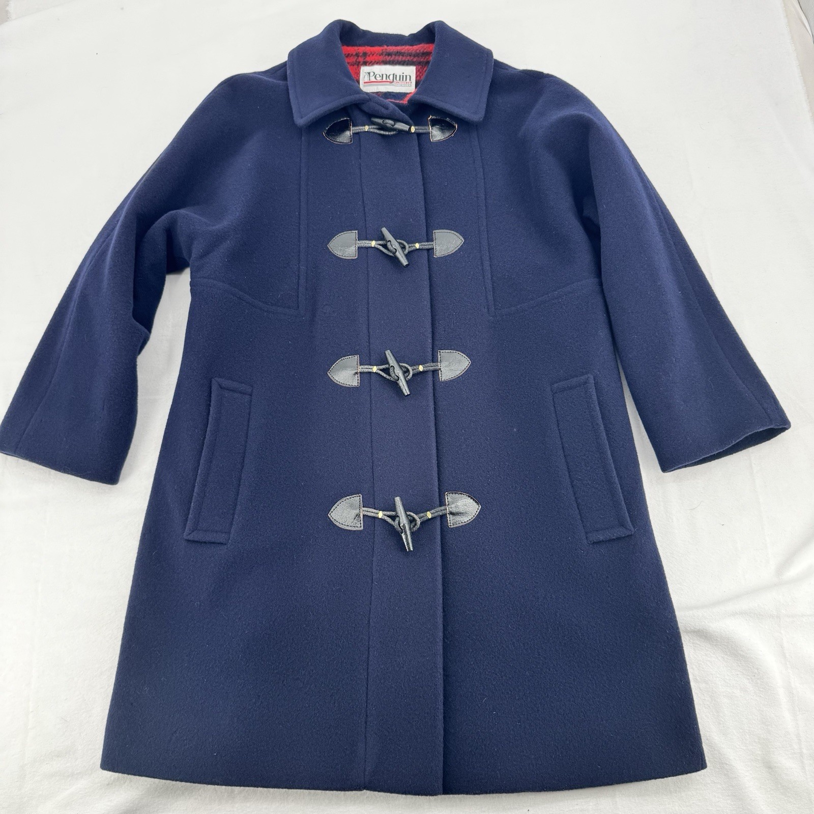 Vintage 80s Penguin Munsingwear 100% Wool Toggle Duffle Coat Navy Plaid Lined XL
