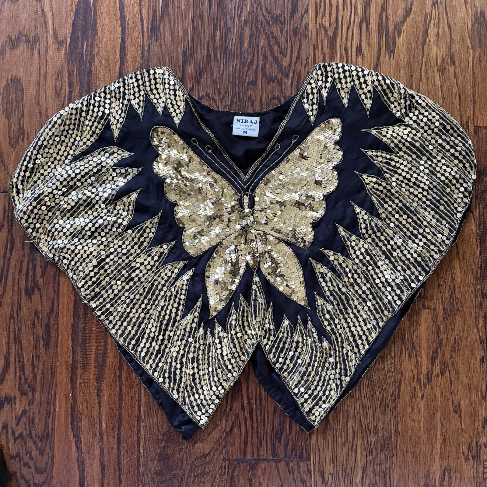 Vintage NIRAJ Silk Sequin Butterfly Blouse Top Black Gold Batwing Dolman Size M