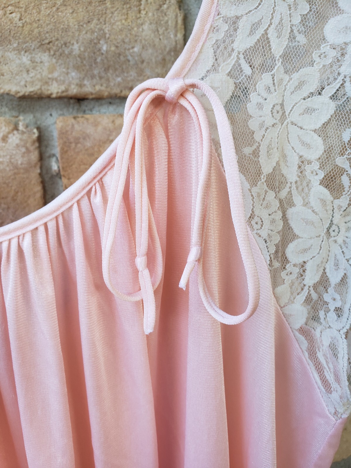 VTG 70s Jill Andrea New York Sz M Pink Long Nightgown Lingerie Lace Hollywood