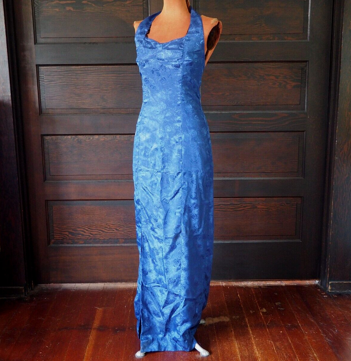 VTG 60s 70s Royal Blue Rose Sweetheart Halter Cocktail Party Formal Dress Sz S