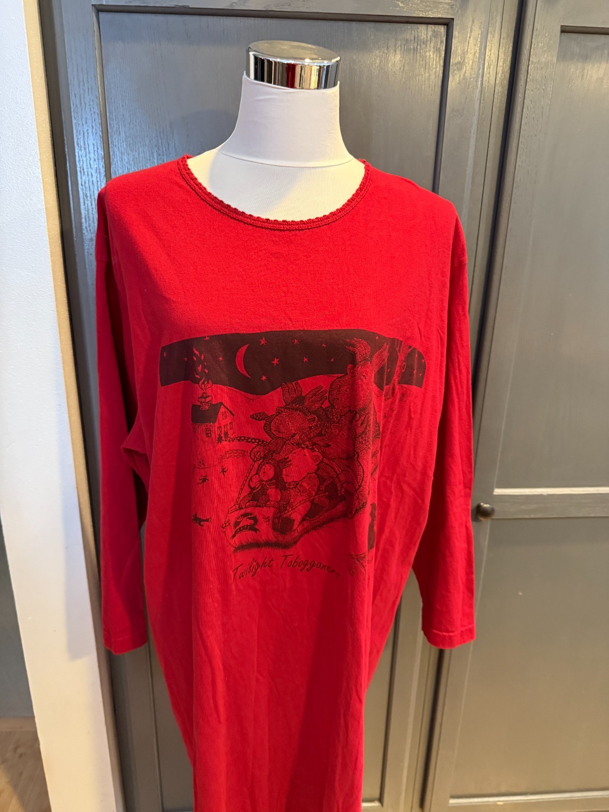 Vintage 90s Alps Womens OSFA Red Twilight Tobogganers Nightgown Moose Print