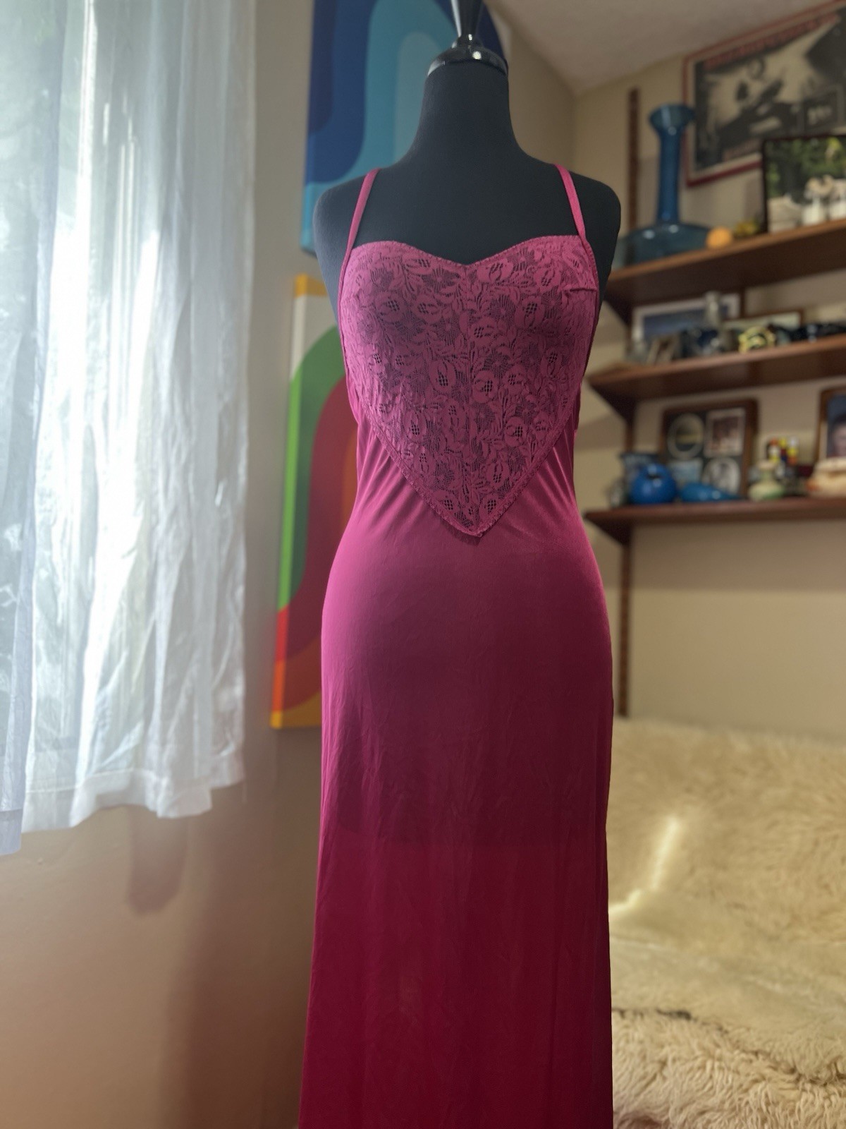 Vtg Olga Style Undercover Wear Magenta Pink Full Sweep Silky Nylon Gown S USA
