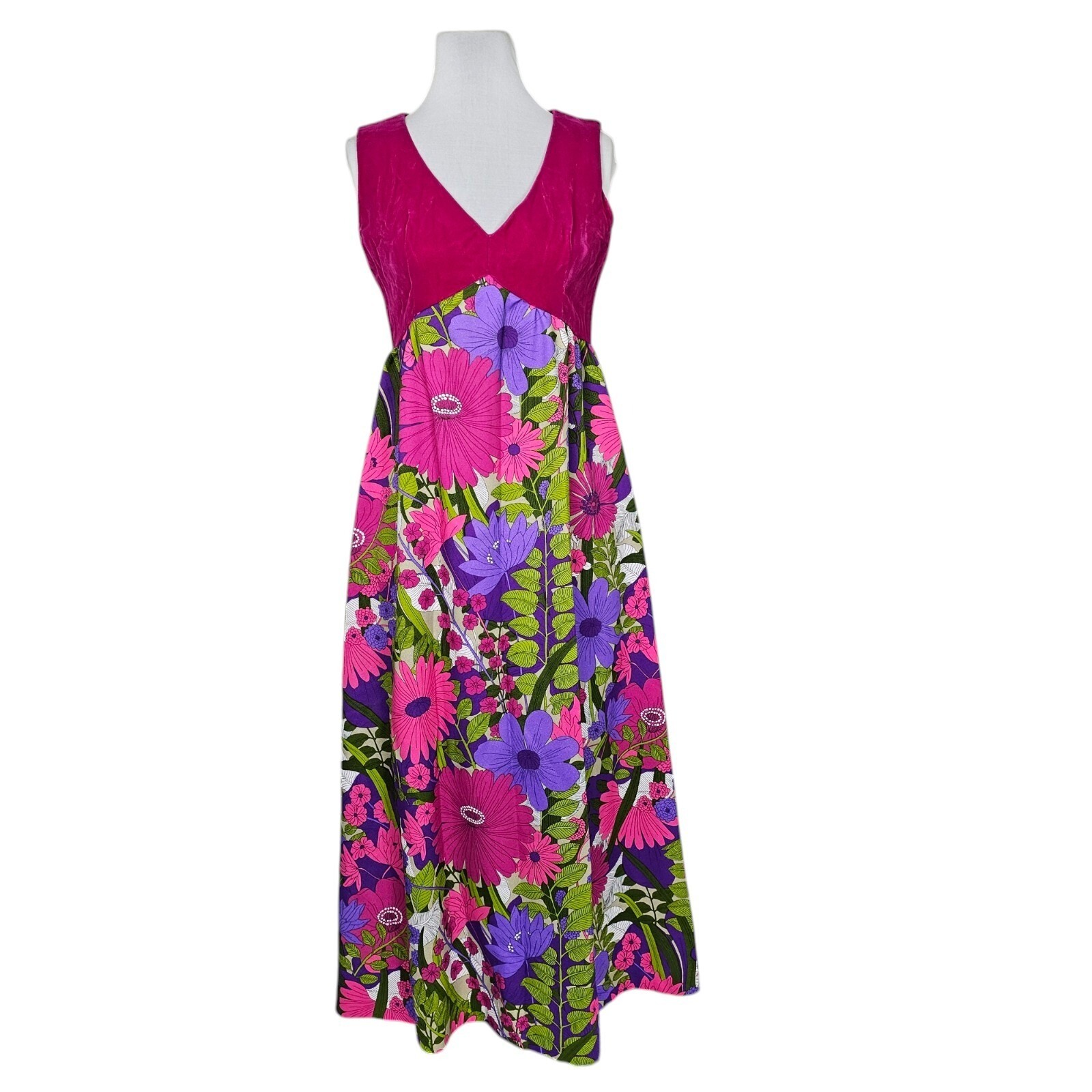 Vintage 70s Floral Maxi Dress Pink Purple Green Empire Waist Sleeveless Boho