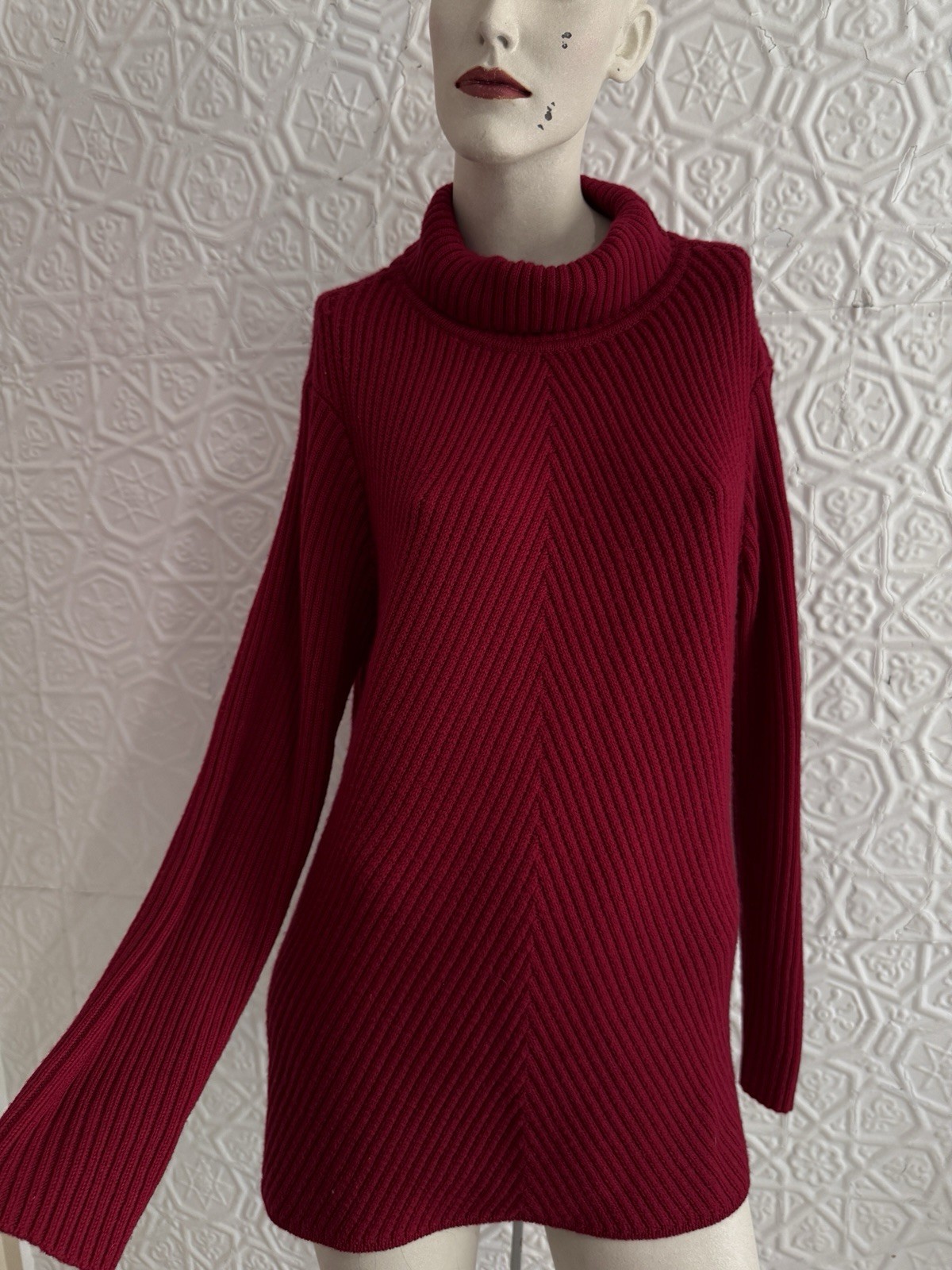 Eileen Fisher red pullover chevron knit sweater dress tunic oversized Small