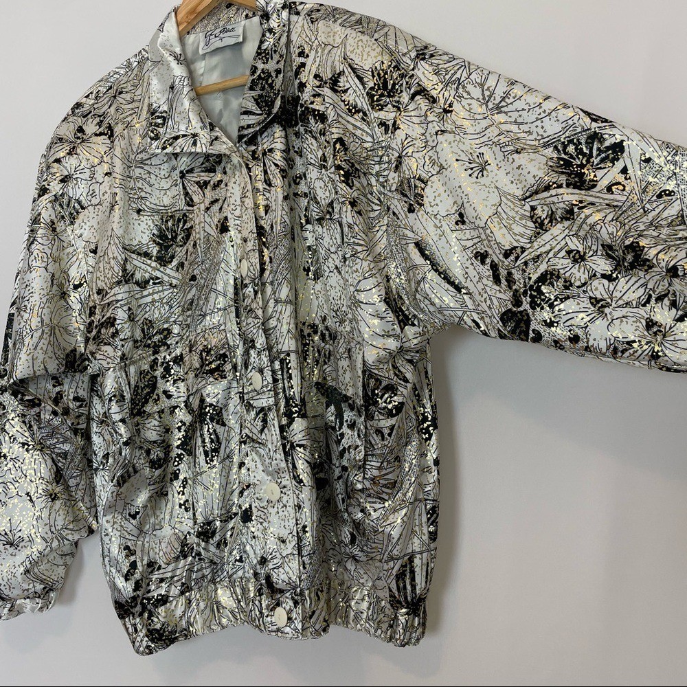 Vintage 80s Jacket Metallic Floral White Gold Black Windbreaker Sparkly Eclectic