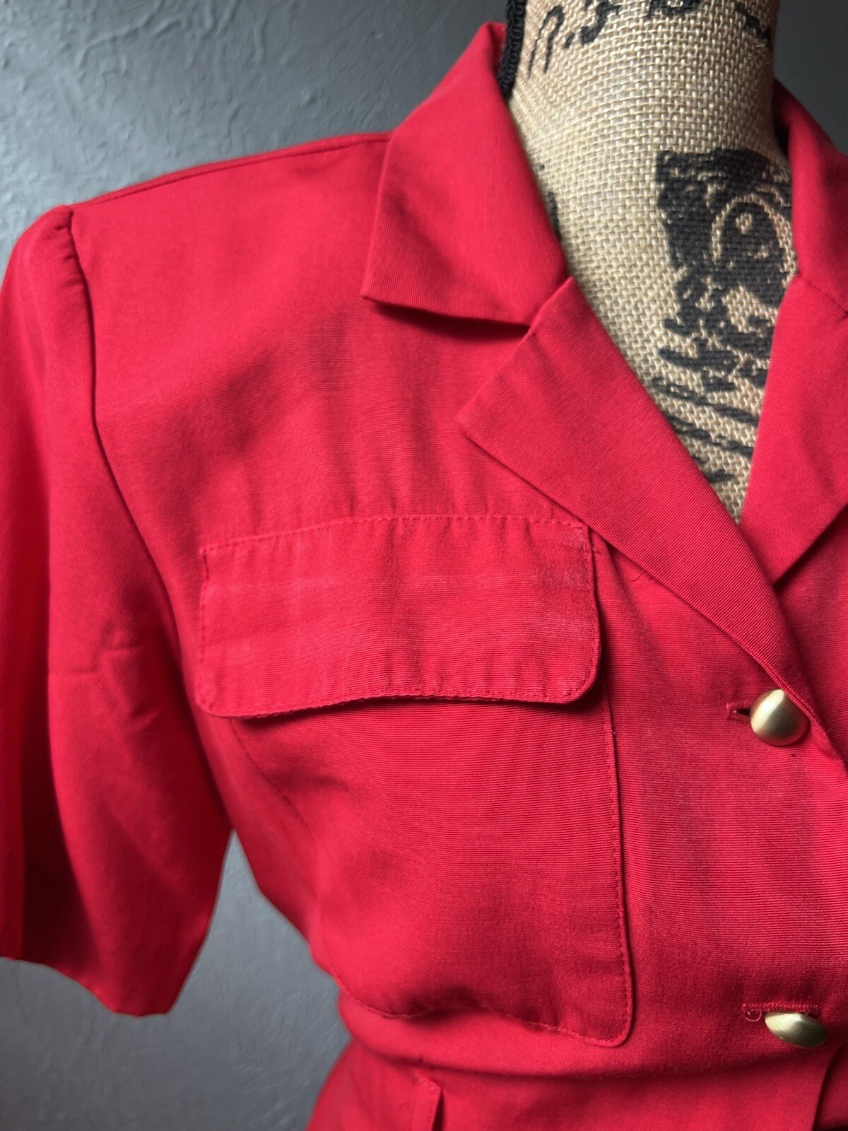 1980s Lipstick Red Button-Up Shirt Dress S M 80s Stranger Things Secretary Retro