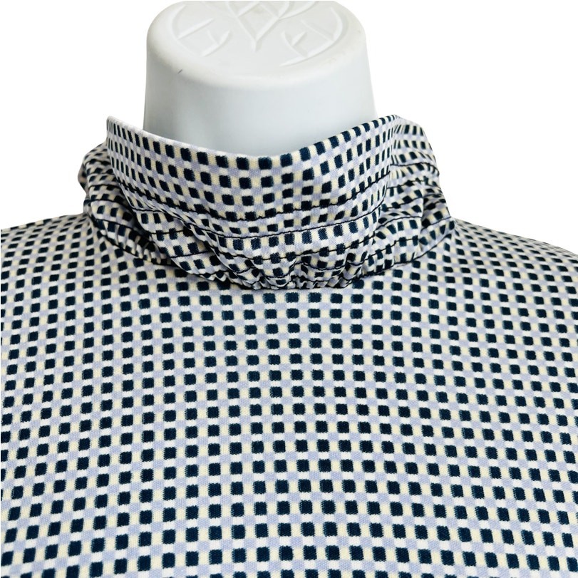 Vintage 70s Check Squares Shirred Blue Cream Tan Turtleneck Dress size S / M