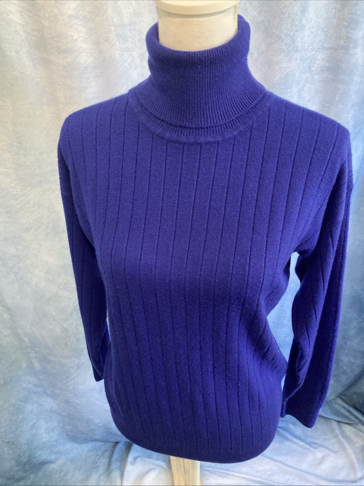 Vtg 80s Laura Winston Ribbed Knit Turtleneck Sweater M Blue Indigo Purple Retro