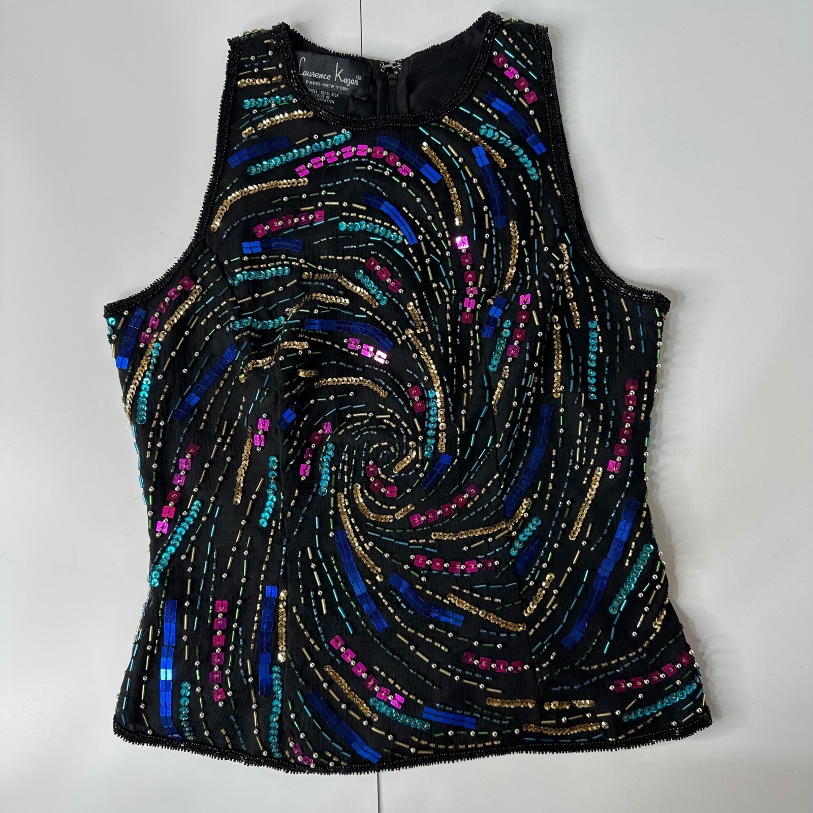 Laurence Kazar Black Silk Beaded Sequin Swirl Sleeveless Top Vintage Glam Sz M