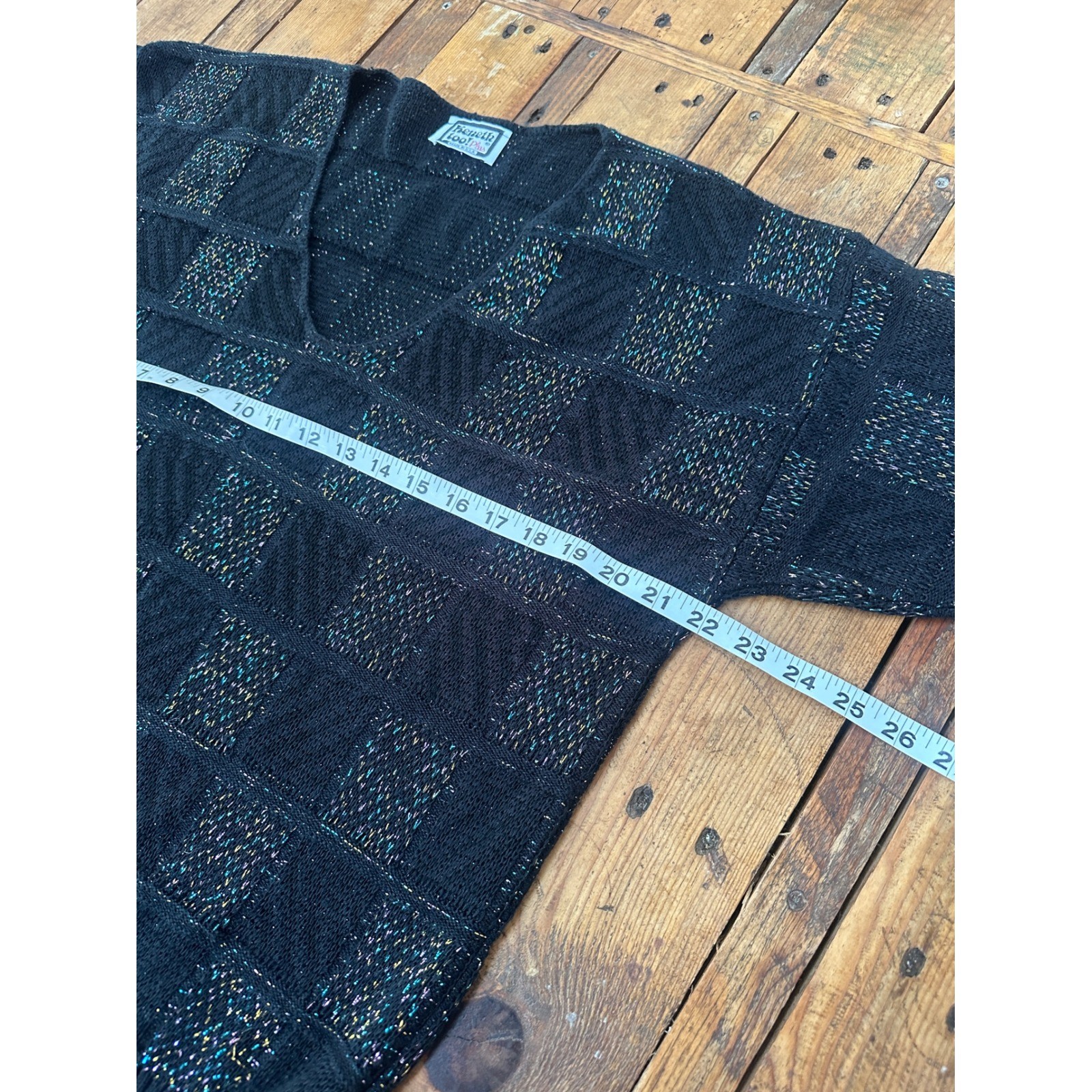 Vintage Kenneth Too Plus Black Knit V-Neck Sweater Sparkle Plaid
