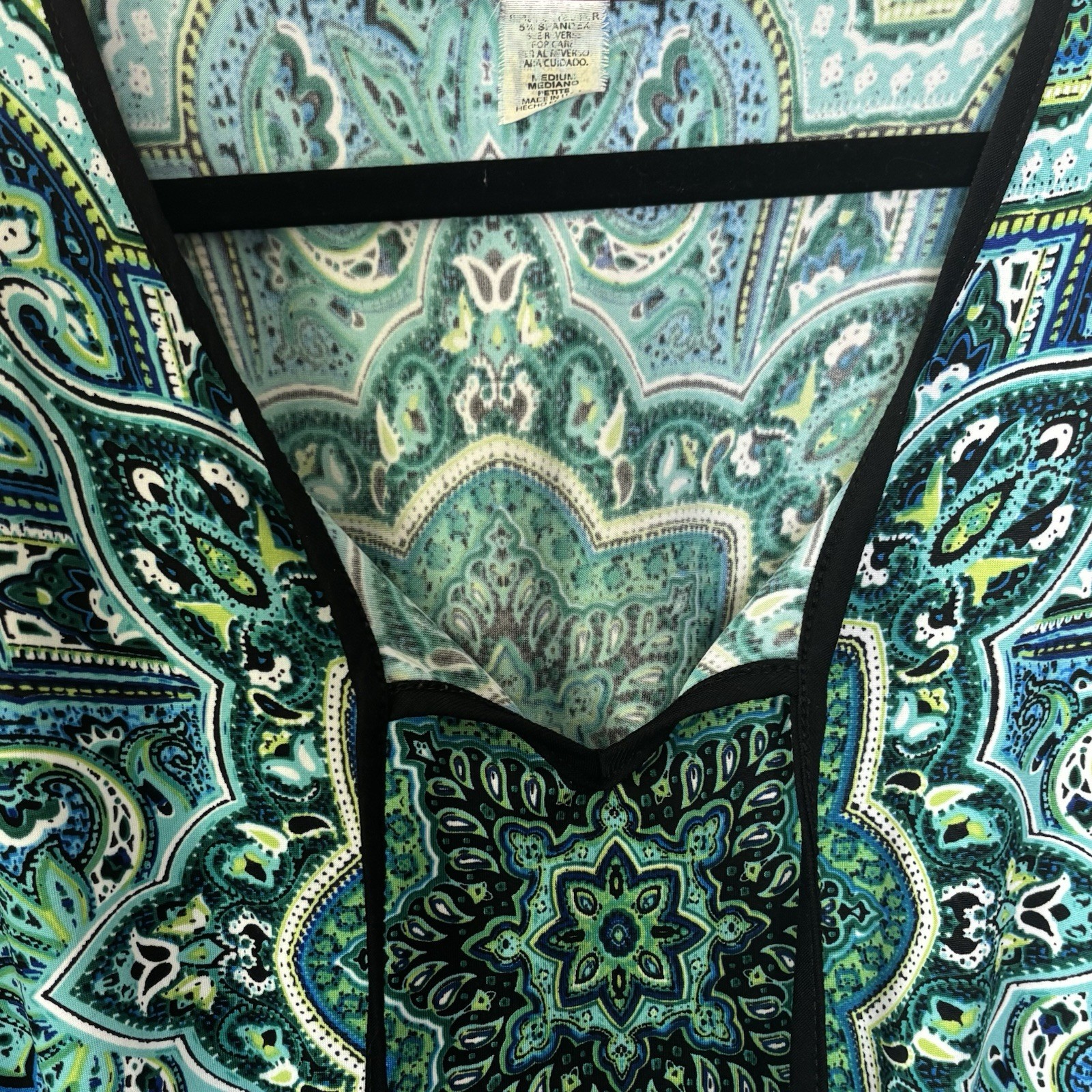 Vtg Carol Rose Peplum Top Blouse Petite Med Teal Lime Black Paisley Boho Peasant