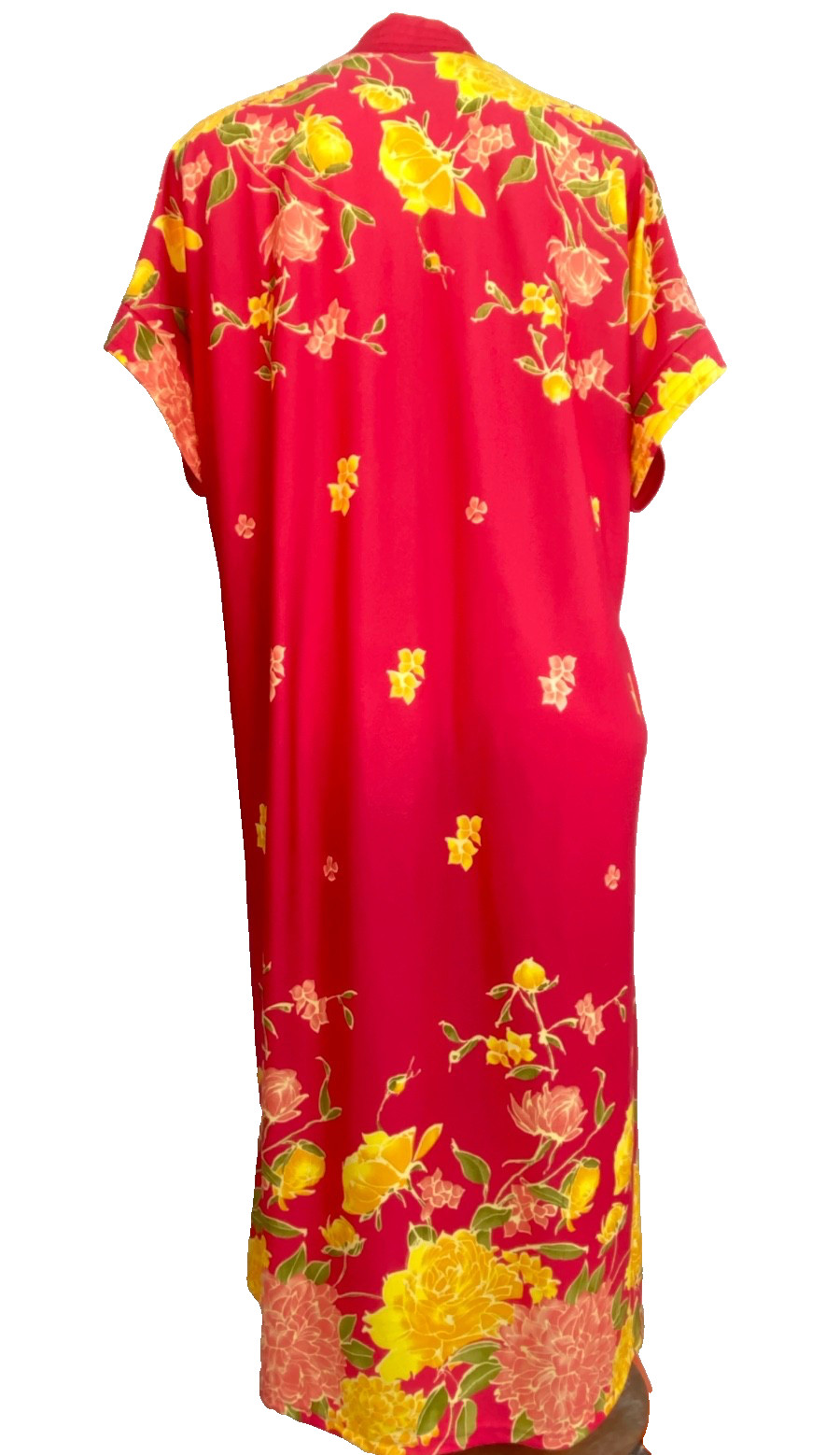 Vintage 1980s long pink yellow floral maxi dress XL lounge muumuu kaftan robe