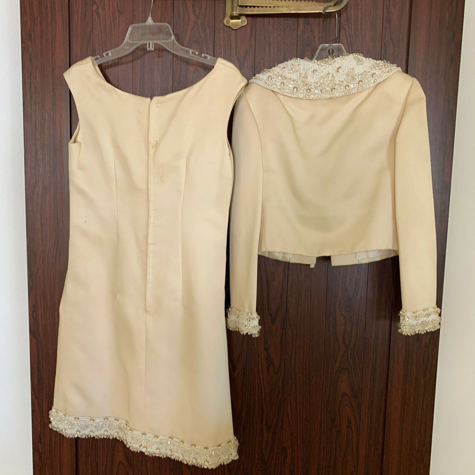 Vintage HELEN ROSE 2 Piece Formal Dress & Jacket Beaded Jeweled Cream Color Sz M