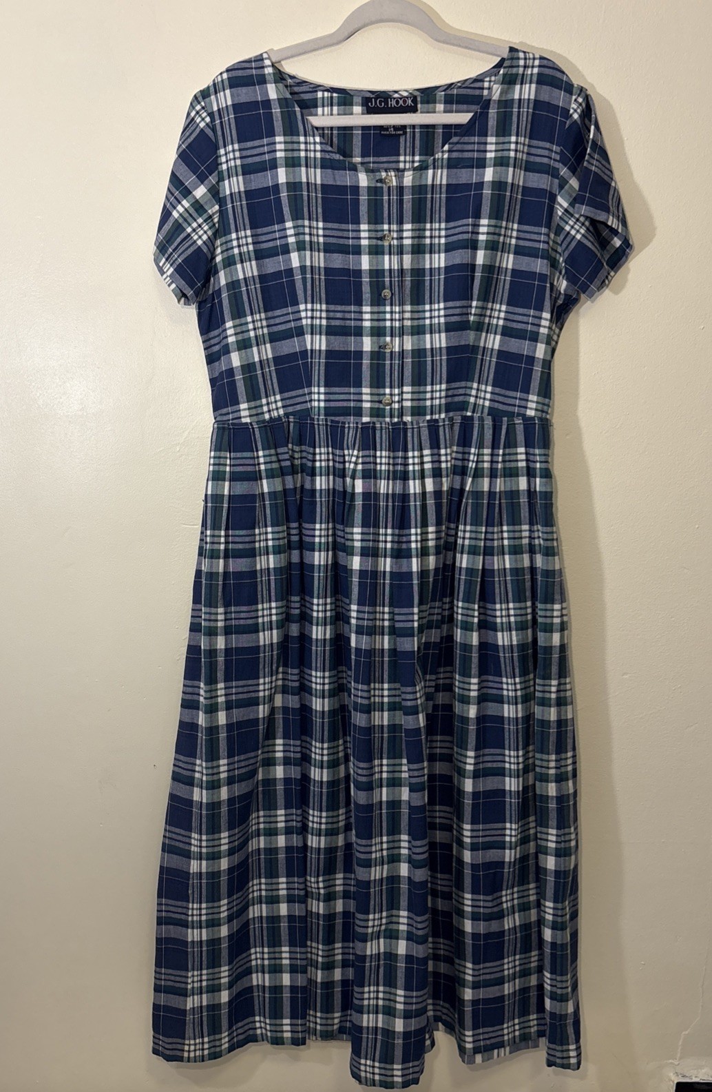 JG Hook Blue Plaid Midi Dress Size 14 Short Sleeve Button Front With Pockets