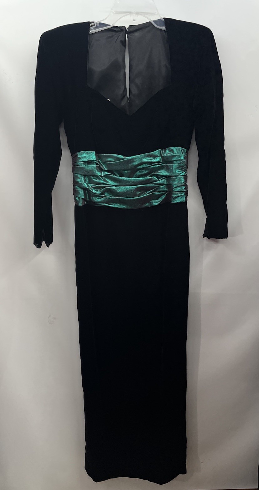 Vtg 80s Black Velvet Green Ruched Waist Long Gown Prom Dress Sz 8 S