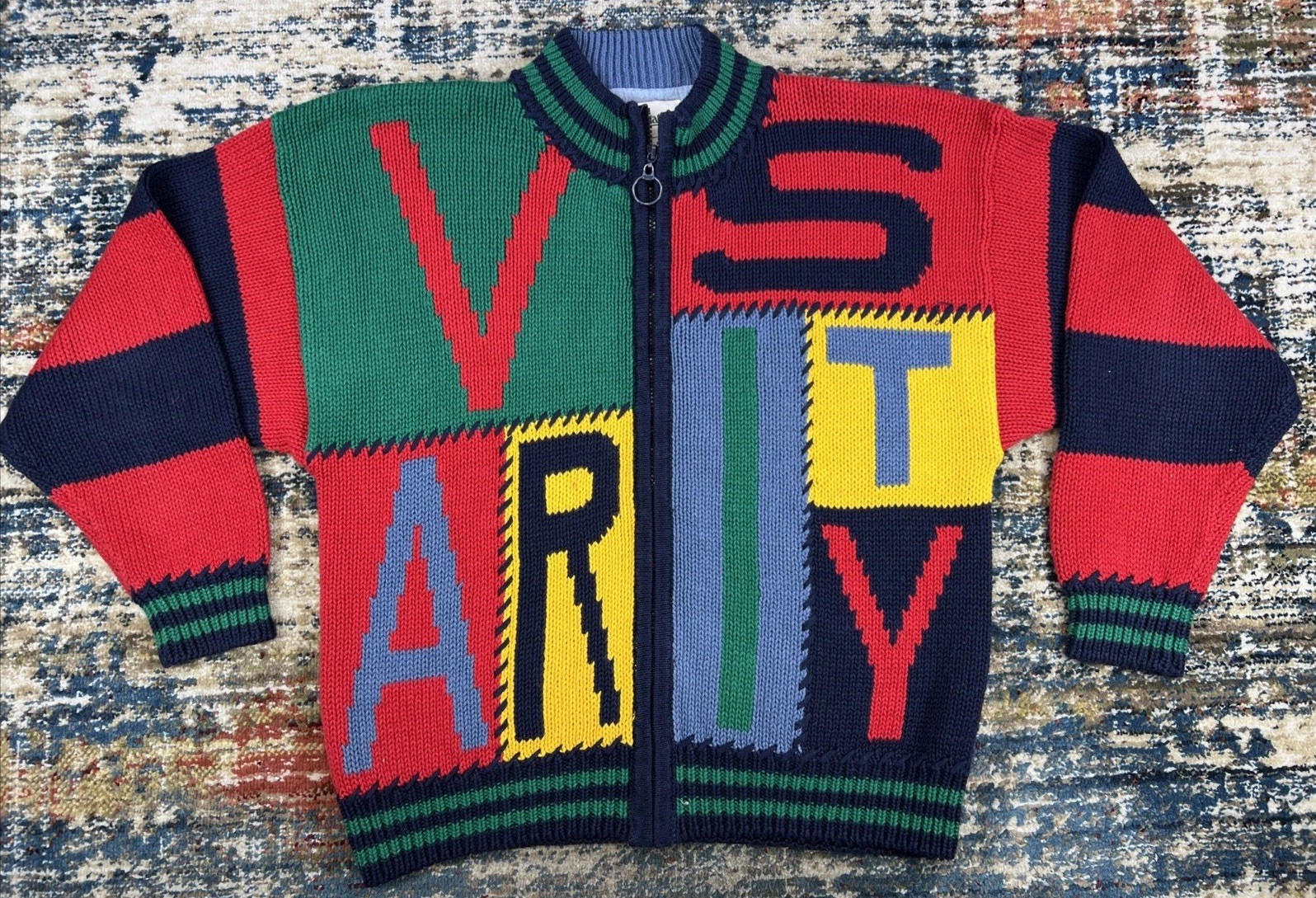 Vtg 90 Sportables “VARSITY” Colorblock Sweater Full Zip Womens Sz L Ramie Blend