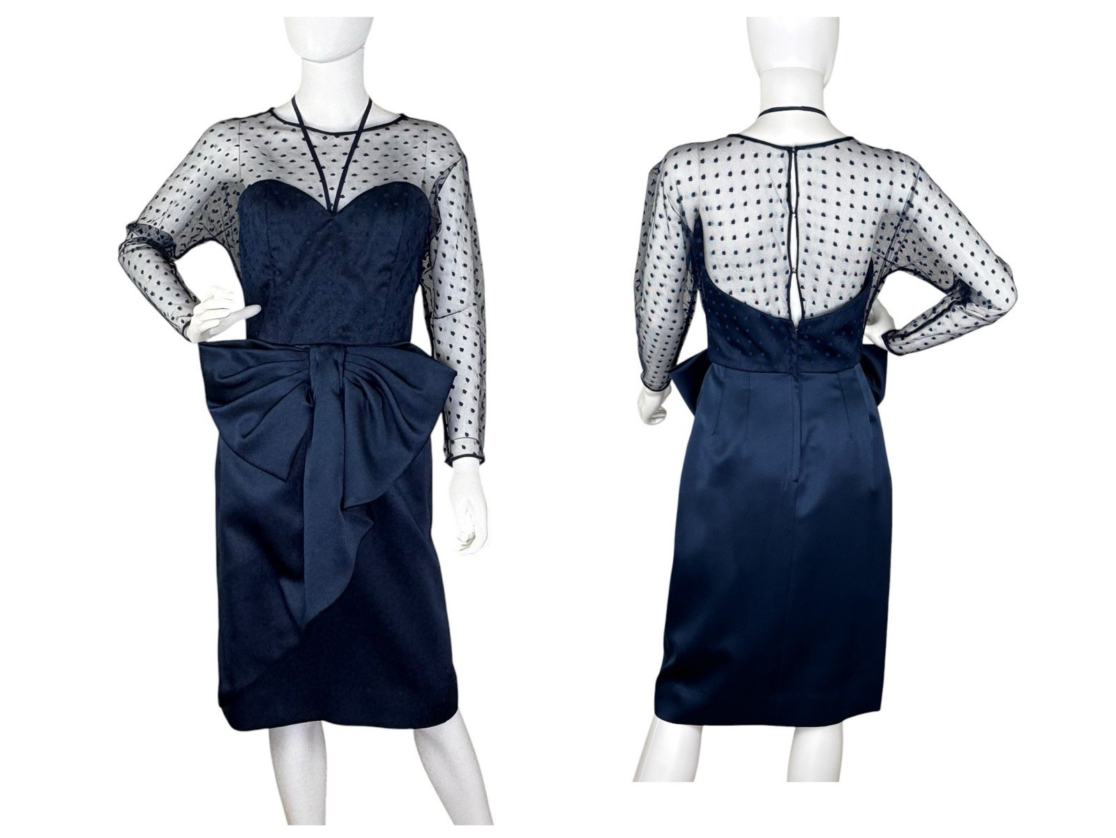 VTG VICTOR COSTA 80s Dress Mesh Dolman Overlay BOW Gilda Old Hollywood Sz 6 Navy