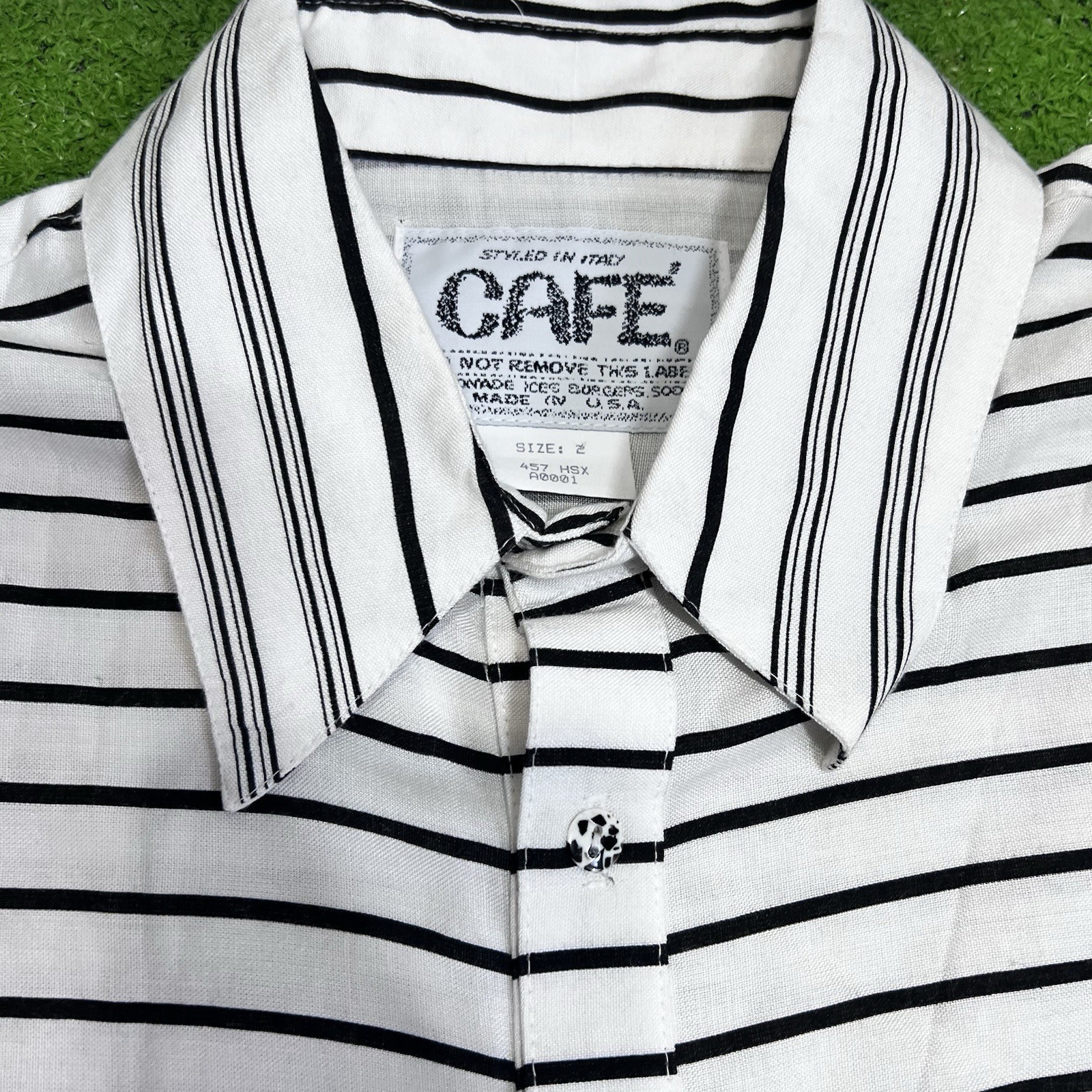Vintage 70s Button Up 2XL Black White Stripe Floral Motif Leaf Scroll USA Made