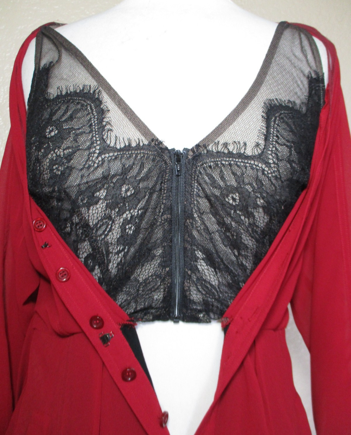Vtg 30s Style Handmade Dress Womens S/M Red Chiffon Lace Cami Mesh Inset
