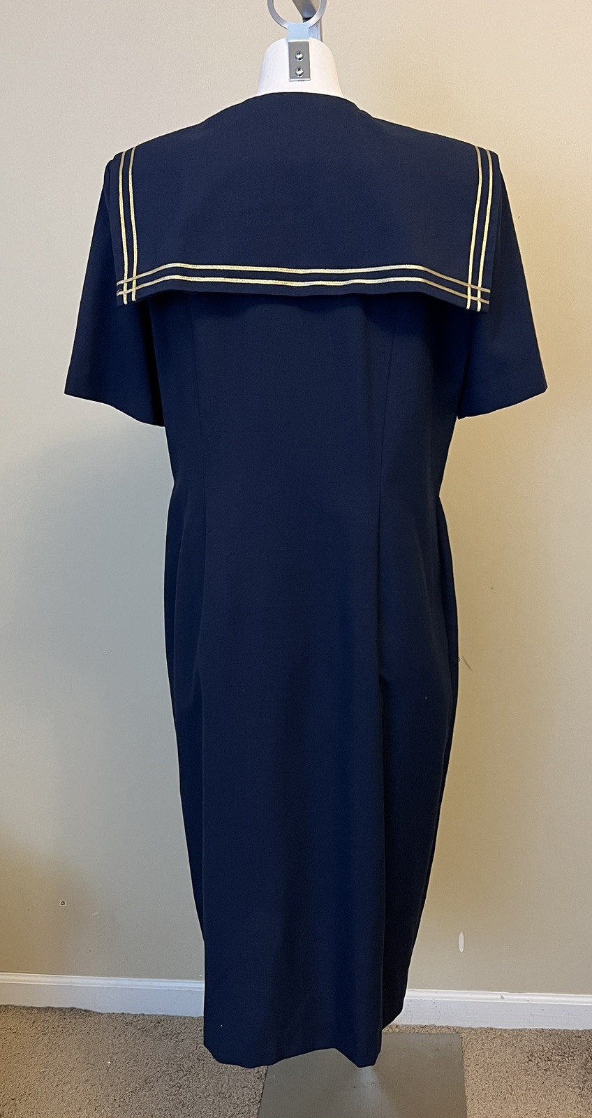 Vintage Leslie Fay Size 12 Sailor Dress Navy Blue W/Gold Trim Buttons Nautical